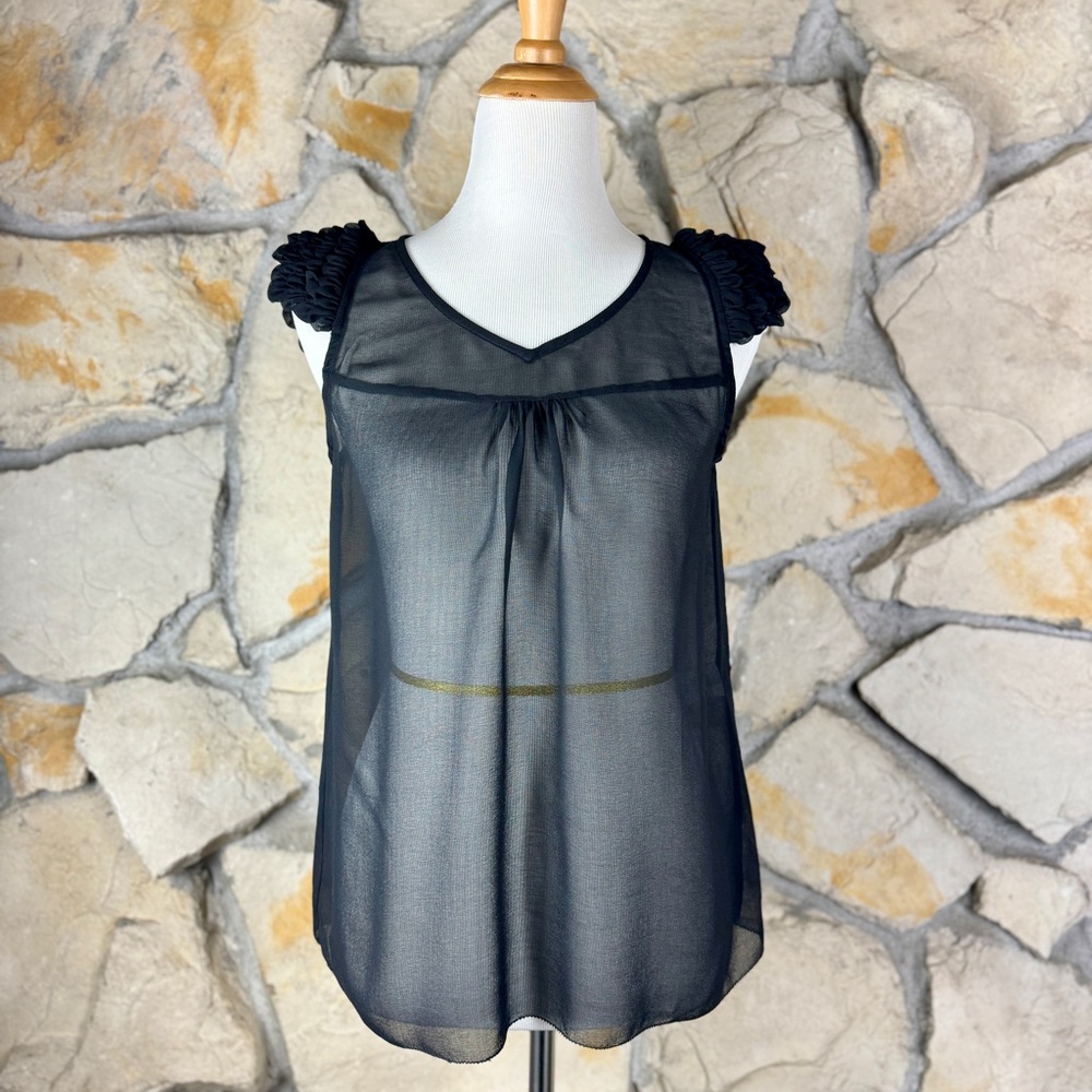 Maje Ruffled Cap Sleeve Sheer Top Black | 1